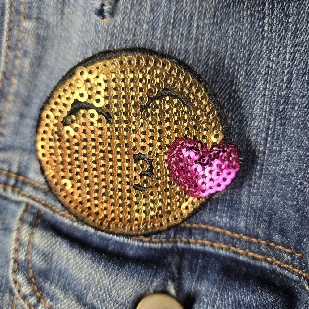 Gap Kids Blue Denim Jean Jacket Girls Size XL With Sequin Emoji Pins